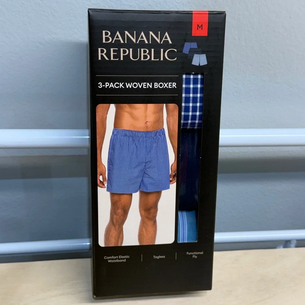 Banana Republic 3-Pack Mens Medium 32/34 Boxers Woven 100% Cotton Plaid Stripe